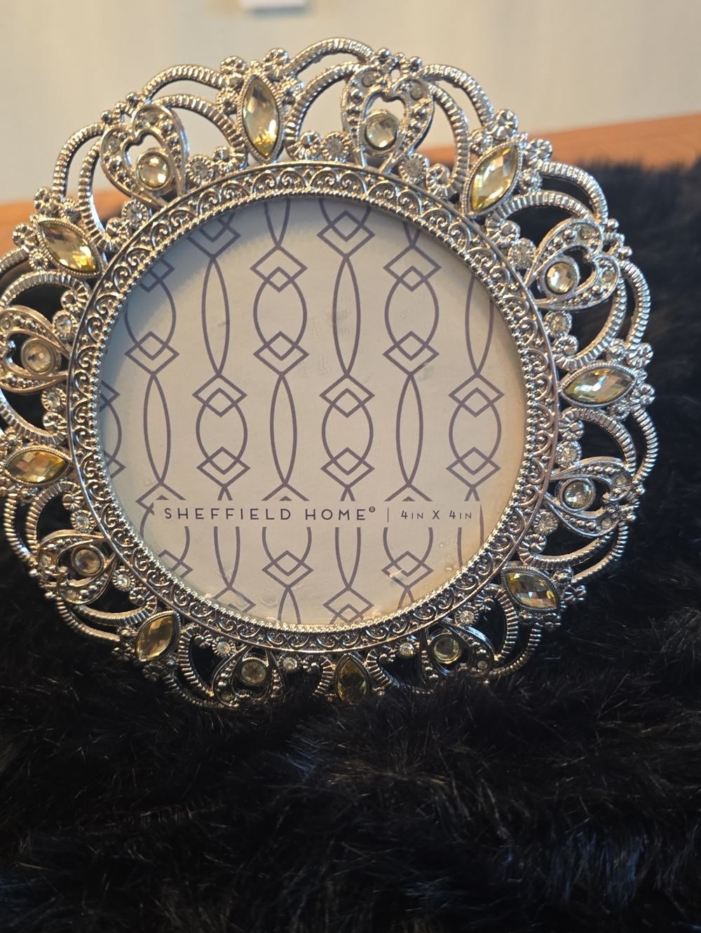Sheffield Home Silver Filigree Round Photo Frame with Champagne Accent Stones